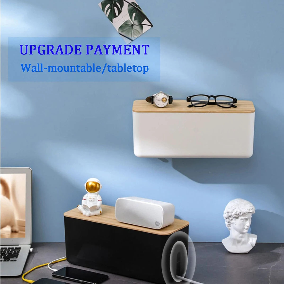 Caja organizadora de cables con tapa de bambú