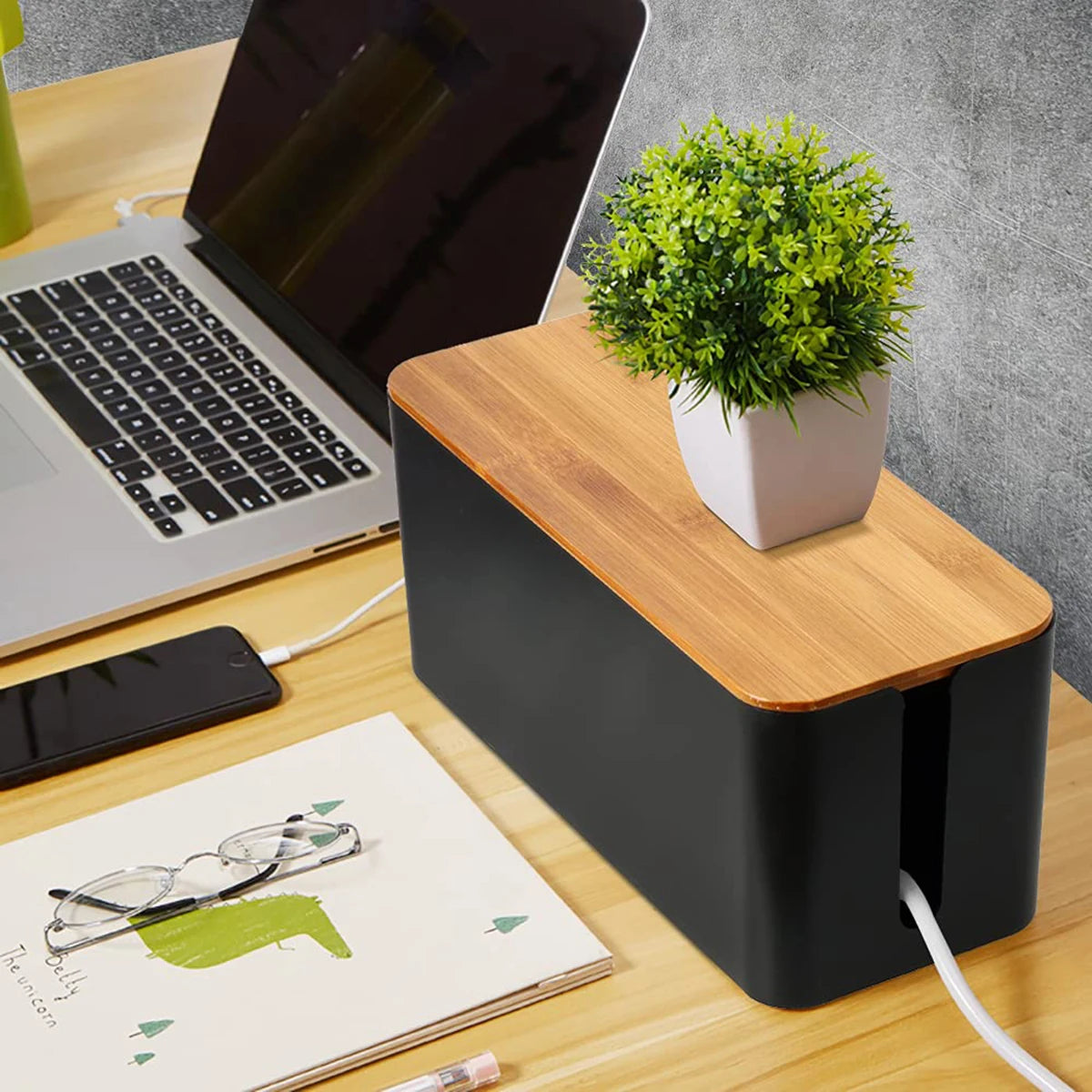 Caja organizadora de cables con tapa de bambú