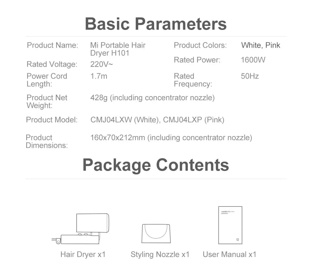 Secador de pelo portátil Xiaomi plegable iónico 1600W