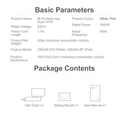 Secador de pelo portátil Xiaomi plegable iónico 1600W