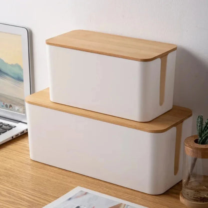 Caja organizadora de cables con tapa de bambú