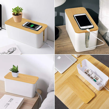 Caja organizadora de cables con tapa de bambú