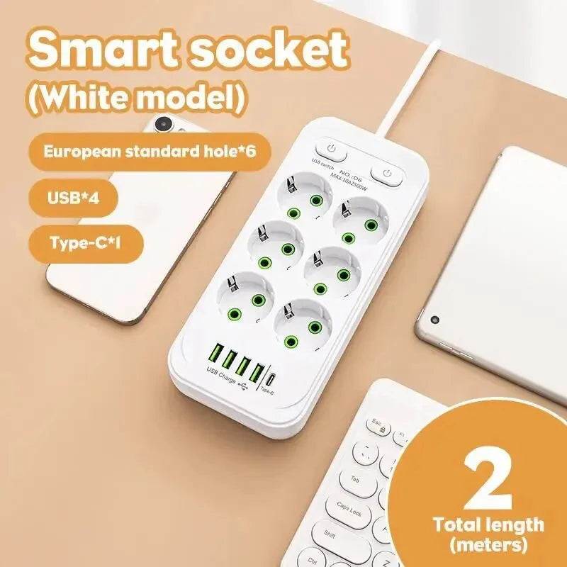Regleta inteligente con 6 enchufes y 5 USB (Type-C) – Certificado CE